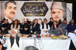 Chairman Senate Syed Yousaf Raza Gilani addressing the gathering during the 48th death anniversary of his father Alamdar Hussain Gilani at the shrine of Musa Pak