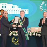 President Asif Ali Zardari confers the Nishan-e-Pakistan on the President of the Republic of Uzbekistan, Mirziyoyev Shavkat Miromonovich, during a Special Investiture Ceremony, in the presence of Prime Minister Muhammad Shehbaz Sharif, at Aiwan-e-Sadr