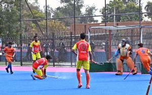 A view of the hockey match between DG Khan and Faisalabad teams during the 3rd Chief of Army Staff National Inter-Club Hockey Championship, organized by the Sports Department and Hockey Association.