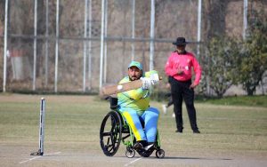 A batsman is clean bowled as the ball hits the stumps during the T-20 cricket match between Gilgit-Baltistan and Sindh Wheelchair Cricket teams in the 5th Interloop Quaid-e-Azam Trophy 2026, organized under the aegis of the Pakistan Wheelchair Cricket Council (PWCC) at Bohran Wali Ground.