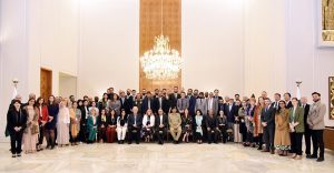 President Asif Ali Zardari in a group photograph with the participants of the 6th International Workshop for Leadership and Stability (IWLS) at Aiwan-e-Sadr.