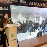 Federal Minister for Information Technology and Telecommunication Shaza Fatima Khawaja addressing the students on the occasion of women hackathon under Indus AI Week 2026 at Zaitoon IT Park of Saylani Welfare International Trust