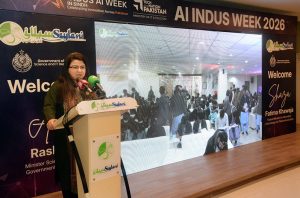 Federal Minister for Information Technology and Telecommunication Shaza Fatima Khawaja addressing the students on the occasion of women hackathon under Indus AI Week 2026 at Zaitoon IT Park of Saylani Welfare International Trust