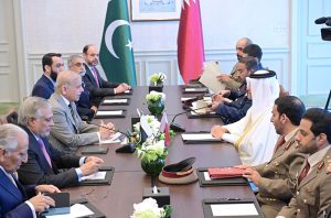 Deputy Prime Minister and Minister of State for Defence Affairs of the State of Qatar, Sheikh Saoud bin Abdulrahman bin Hassan bin Ali Al Thani calls on Prime Minister Muhammad Shehbaz Sharif.
