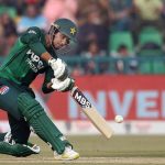Pakistan's batter Saim Ayub plays a shot during the third Twenty20 international cricket match between Pakistan and Australia at the Gaddafi Stadium