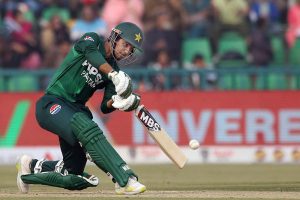 Pakistan's batter Saim Ayub plays a shot during the third Twenty20 international cricket match between Pakistan and Australia at the Gaddafi Stadium