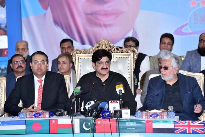 Sindh Chief Minister Syed Murad Ali Shah talking to media persons during 21st My Karachi Oasis of Harmony International Exhibition 2026 at Karachi Expo Centre