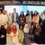 Federal Minister for Information Technology and Telecommunication Shaza Fatima Khawaja with Special Assistant to the Chief Minister Sindh for Science and Information Technology Department Government of Sindh, Mr. Ali Rashid in a group photo with students on the occasion of women hackathon under Indus AI Week 2026 at Zaitoon IT Park of Saylani Welfare International Trust