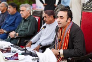 Chairman Pakistan People’s Party Bilawal Bhutto Zardari speaks at an iftar dinner hosted by Asadullah Bhutto, PPP Taluka Larkana President and Vice Chairman of the District Council Larkana, attended by dignitaries, journalists, business leaders, and members of civil society.