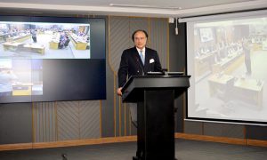 Federal Minister for Finance and Revenue, Senator Muhammad Aurangzeb, addressing participants of the 124th National Management Course during the “Strategic Policy Dialogue” at the National School of Public Policy, Pakistan Administrative Staff College Lahore.