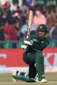 Pakistan's batter Saim Ayub plays a shot during the third Twenty20 international cricket match between Pakistan and Australia at the Gaddafi Stadium