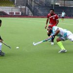 A view of the hockey match between Mardan and Mansehra teams at Qayum Sports Complex