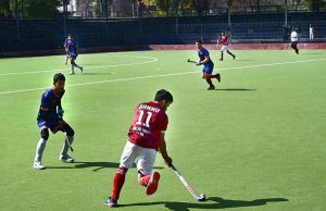 A view of the hockey final match between Bannu and Peshawar teams during the 3rd Chief of Army Staff National Inter-Club Hockey Championship 2026 at Qayum Sports Complex.