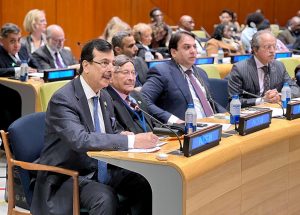 A Pakistan Parliamentary Delegation led by Chairman Senate, Syed Yousaf Raza Gilani, addressing the 2026 IPU Parliamentary Hearing at the UN Headquarters.