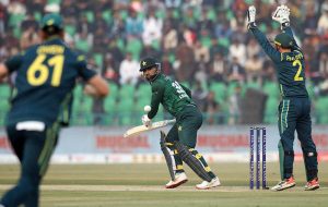 Pakistan's batter Saim Ayub plays a shot during the third Twenty20 international cricket match between Pakistan and Australia at the Gaddafi Stadium