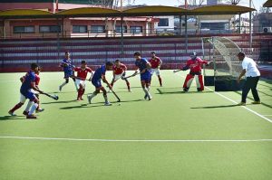 A view of the hockey final match between Bannu and Peshawar teams during the 3rd Chief of Army Staff National Inter-Club Hockey Championship 2026 at Qayum Sports Complex.