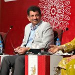 Federal Secretary National Heritage and Culture Asadur Rehman Gilani with participants at a book launch event on the theme of culture at Faiz Festival at Al-Hamrah Hall