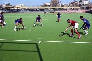 A view of the hockey final match between Bannu and Peshawar teams during the 3rd Chief of Army Staff National Inter-Club Hockey Championship 2026 at Qayum Sports Complex.