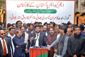 Governor of Sindh, Kamran Tessori, addresses media personnel during a visit to the MQM district office