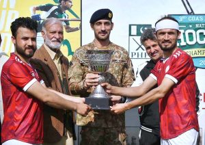 A view of the hockey final match between Bannu and Peshawar teams during the 3rd Chief of Army Staff National Inter-Club Hockey Championship 2026 at Qayum Sports Complex.