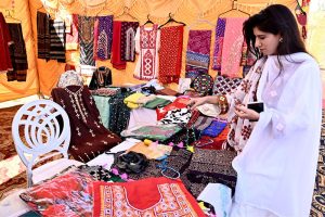 Female visit a stall at the Sindh Peoples Housing for Flood Affected (SPHF) project at village Himmatabad
