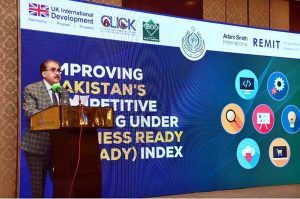 Federal Secretary of the Special Investment Facilitation Council (SIFC), Mr. Jameel Qureshi, addresses the launching ceremony of the event titled “Improving Pakistan’s Competitive Ranking under the Business Ready (B-READY) Index” at a local hotel in provincial capital