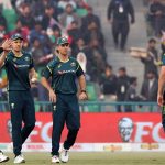 Australian players celebrate after the dismissal of Pakistan's (Salman Agha catch Green ball by Dwarshuis) during the third Twenty20 international cricket match between Pakistan and Australia at the Gaddafi Cricket Stadium