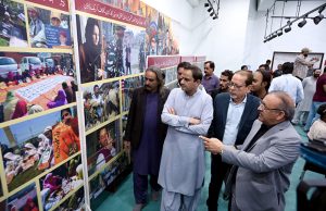 Karachi Mayor, Barrister Murtaza Wahab talks to media persons after inaugurating a photo exhibition on atrocities committed against Kashmiris by India, on the occasion of Kashmir Solidarity Day, at the Arts Council.