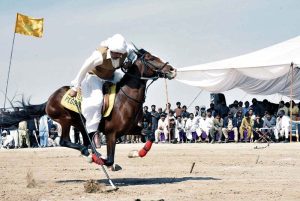 A horse riders competes during a tent pegging competition of 21st TDCP Cholistan Desert Rally 2026 at Cholistan desert Jeep Rally