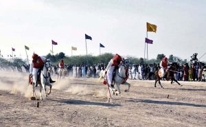 A horse riders competes during a tent pegging competition of 21st TDCP Cholistan Desert Rally 2026 at Cholistan desert Jeep Rally