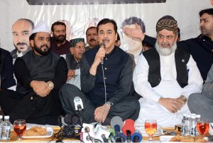 Chairman Senate Syed Yousaf Raza Gilani addressing the gathering during the 48th death anniversary of his father Alamdar Hussain Gilani at the shrine of Musa Pak