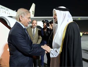 Prime Minister Muhammad Shehbaz Sharif is being received by Minister of State for Foreign Affairs of State of Qatar, H.E. Dr. Muhammad bin Abdulaziz Al-Khulaifi at King Hammad International Airport, as he arrives in Qatar on two day official visit.