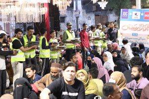 A large number of families during grant 'Sehri' on the holy fasting month of Ramzan ul Mubarak, free meal distribution by JDC Foundation Pakistan and Shamim Sheikhani Foundation Numaish Chowrangi
