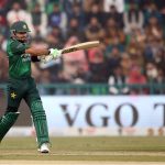 Pakistan's batter Babar Azam plays a shot during the third Twenty20 international cricket match between Pakistan and Australia at the Gaddafi Stadium