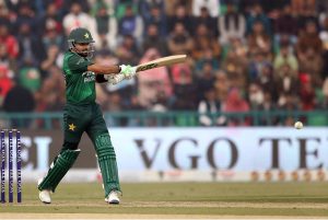 Pakistan's batter Babar Azam plays a shot during the third Twenty20 international cricket match between Pakistan and Australia at the Gaddafi Stadium