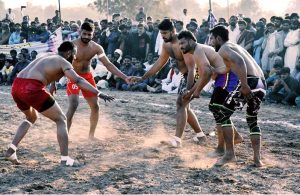 Yazman and Bahawalpur players compete in a Kabaddi match at the TDCP 21st International Cholistan Desert Rally 2026 at Dilwash Stadium