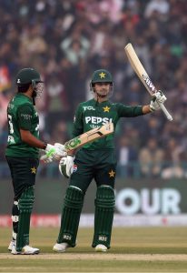 Pakistan's batter Babar Azam plays a shot during the third Twenty20 international cricket match between Pakistan and Australia at the Gaddafi Stadium