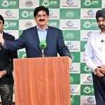 Sindh Chief Minister Syed Murad Ali Shah and President World Bank Group Ajay Banga talking to media persons during ceremony to hand over house documents to flood affectees which newly constructed under the Sindh People’s Housing for Flood Affectees program