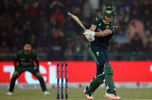 Australia's batter Matthew Renshaw bowled out by Shaheen Afridi during the third Twenty20 international cricket match between Pakistan and Australia at the Gaddafi Stadium