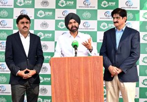 Sindh Chief Minister Syed Murad Ali Shah and President World Bank Group Ajay Banga talking to media persons during ceremony to hand over house documents to flood affectees which newly constructed under the Sindh People’s Housing for Flood Affectees program