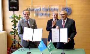 Prime Minister Muhammad Shehbaz Sharif witnessing the signing ceremony of Collaborating Centre Agreement between the Institute of Nuclear Medicine and Oncology (INMOL), Lahore, and the International Atomic Energy Agency (IAEA). .