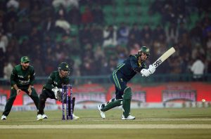 Australia's batter Matthew Renshaw bowled out by Shaheen Afridi during the third Twenty20 international cricket match between Pakistan and Australia at the Gaddafi Stadium