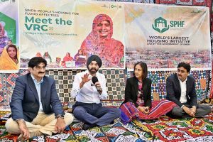 Sindh Chief Minister Syed Murad Ali Shah and President World Bank Group Ajay Banga talking to media persons during ceremony to hand over house documents to flood affectees which newly constructed under the Sindh People’s Housing for Flood Affectees program