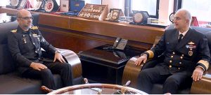 During the stay at Aksaz, the Commanding Officer of PNS KHAIBAR calls on the Turkish Southern Sea Area Commander. The newly commissioned, state-of-the-art Pakistan Navy Ship KHAIBAR, during its maiden voyage from Türkiye to Pakistan, visited Aksaz Naval Base, Türkiye, and participated in Exercise TURGUTREIS-XIII and joint patrols with ships of the Turkish Navy.