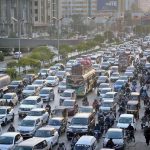 A view of a massive traffic jam on Shahra-e-Faisal, causing inconvenience to locals during peak hours in the provincial capital