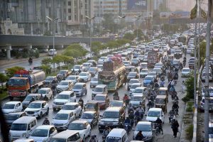 A view of a massive traffic jam on Shahra-e-Faisal, causing inconvenience to locals during peak hours in the provincial capital
