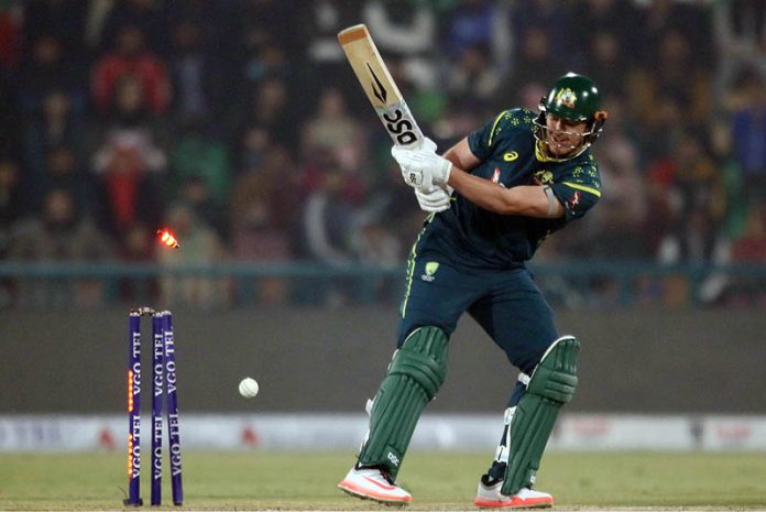 Australia's batter Matthew Renshaw bowled out by Shaheen Afridi during the third Twenty20 international cricket match between Pakistan and Australia at the Gaddafi Stadium