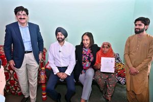 Sindh Chief Minister Syed Murad Ali Shah and President World Bank Group Ajay Banga talking to media persons during ceremony to hand over house documents to flood affectees which newly constructed under the Sindh People’s Housing for Flood Affectees program