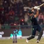 Australia's batter Mitchell Marsh bowled out by Shaheen Afridi during the third Twenty20 international cricket match between Pakistan and Australia at the Gaddafi Stadium