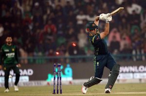 Australia's batter Mitchell Marsh bowled out by Shaheen Afridi during the third Twenty20 international cricket match between Pakistan and Australia at the Gaddafi Stadium